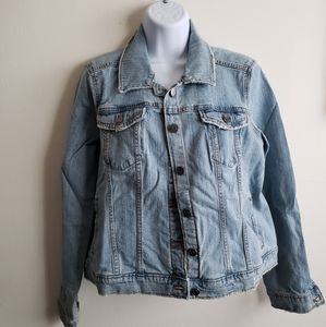 Sonoma Women's Denim Jean Jacket Size L Distressed Button Down.